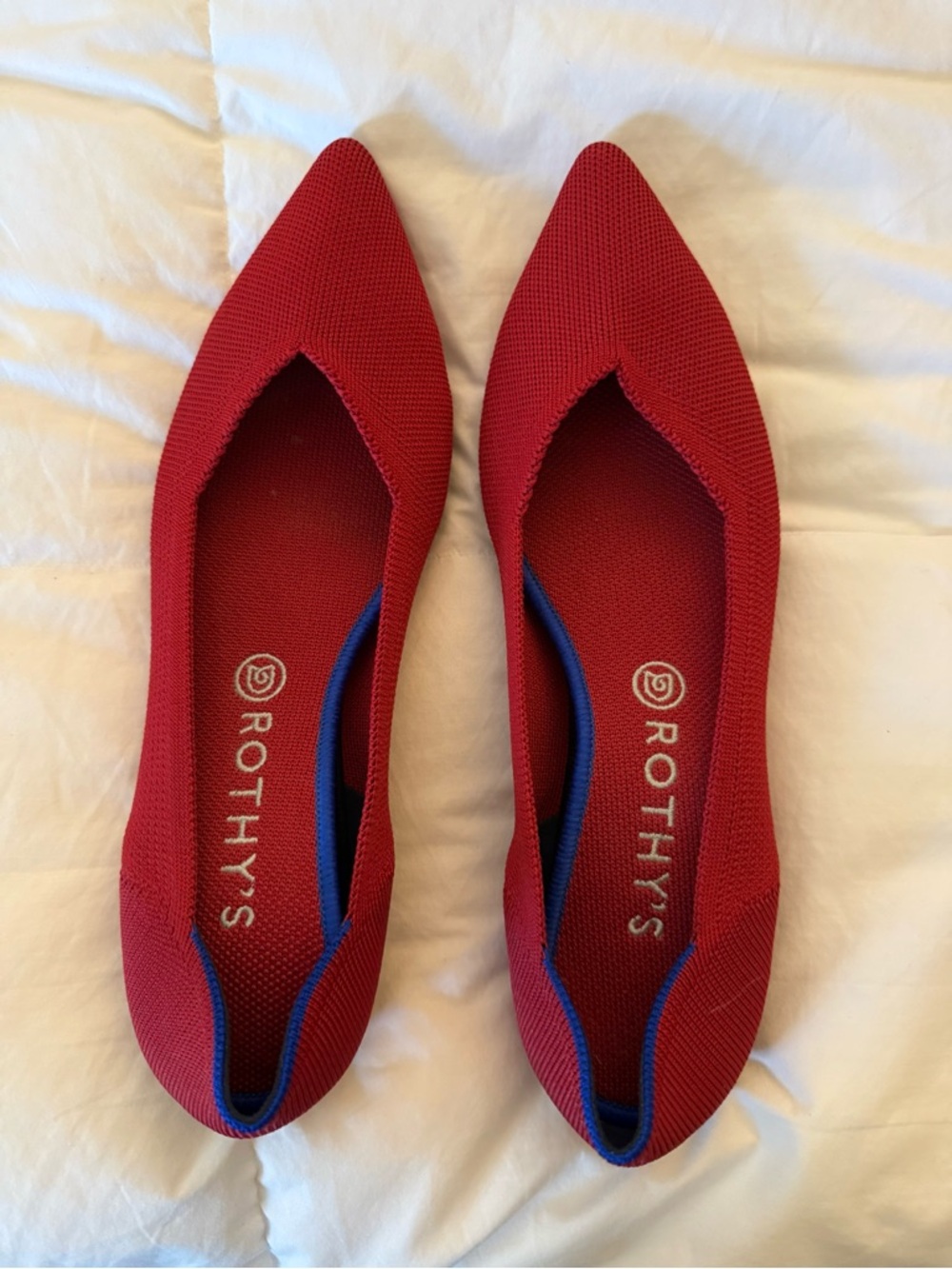 Rothy's Red Pointed-Toe Flats with Blue Trim